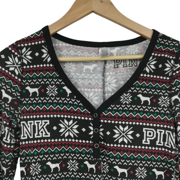 Victoria Secret PINK Thermal Union Suit Pajamas Size M Snowflake Waffle Knit - Picture 3 of 14